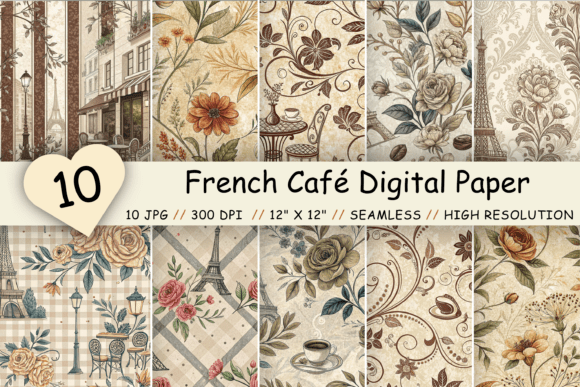 French Café Digital Paper Pack: Parisian Floral Designs